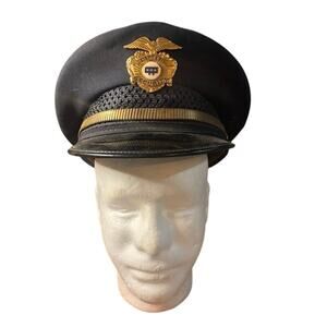 Vintage Captain Security Hat Sz 7 1/4 Black & Gold Made in the USA Badge Plaque